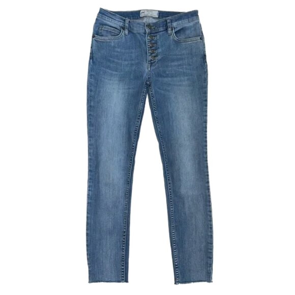 Free People Button-Fly Skinny Jeans W27 Blue Raw Hem Mid Rise Stretch - Picture 1 of 13